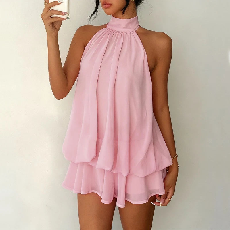 LIZAKOSHT  -  Beach Vacation Summer Ruffles Mini Sleeveless Dress Women's Fashion Solid Color Hanging Neck Open Back Pleated Dresses