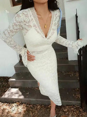LIZAKOSHT  -  Sexy Deep V-neck Lace Women 3 Piece Sets White Long Sleeve See Through Dress Set Winter Slim Elegant Party Evening Dress