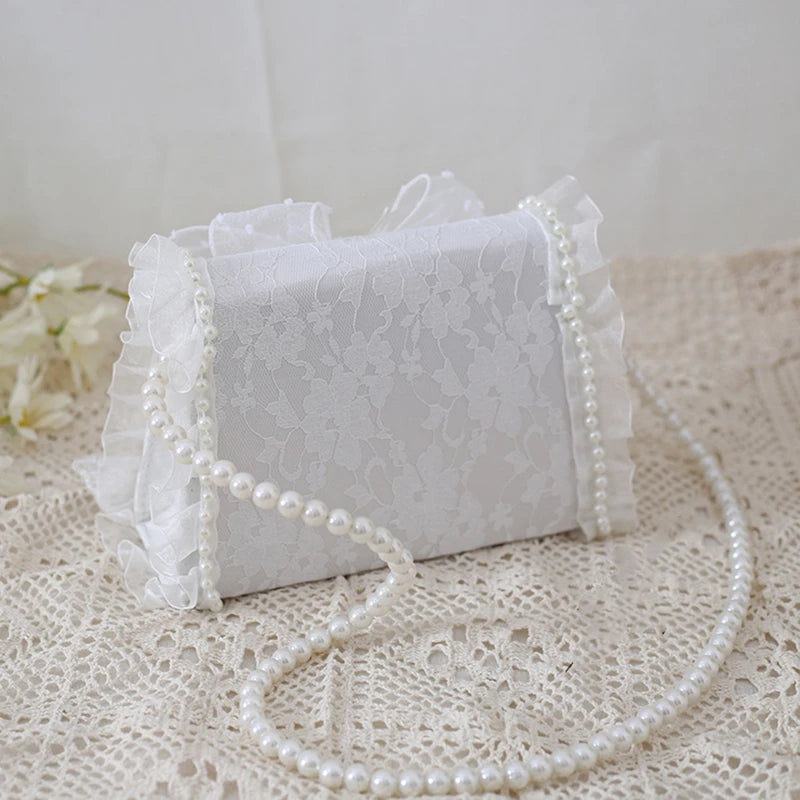 LIZAKOSHT  -  Lolita White Lace Bag Pearl Chain Purse Bowknot Handbag Sweet Tea Party Shoulder Bag Kawaii Girls Cute Bows Butterfly