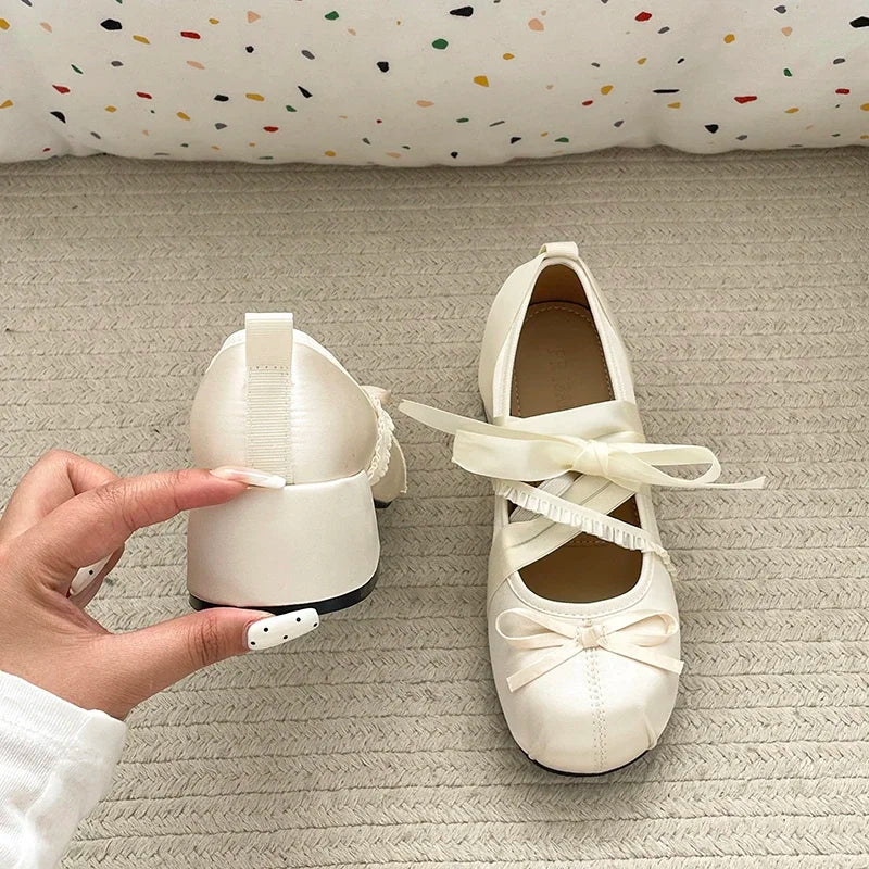 LIZAKOSHT  -  Lace Cross Strap Women Mary Jane Shoes Fashion Sweet Butterfly-knot Thick Heel Shoes Spring Autumn Ladies Elegant Dress Pumps
