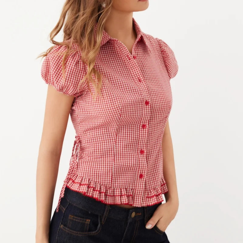 LIZAKOSHT  -  Cute Y2k Red Plaid T-shirt Blouse Woman Side Tie up Lapel Collar Short Cap Sleeve Slim Shirts Sweet Preppy Style Crop Tops