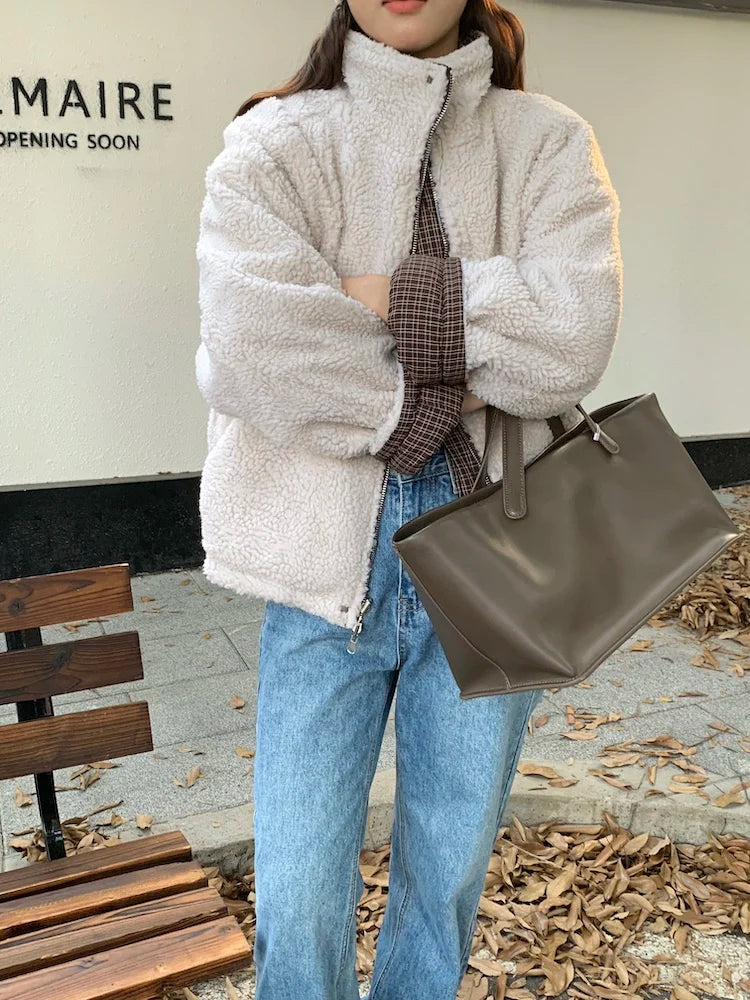 LIZAKOSHT  -  Retro Winter Cotton Jaet Women's Loose Long Sve Stand Collar Cheered Warm Coat Casual Versatile Two-Sided Wear