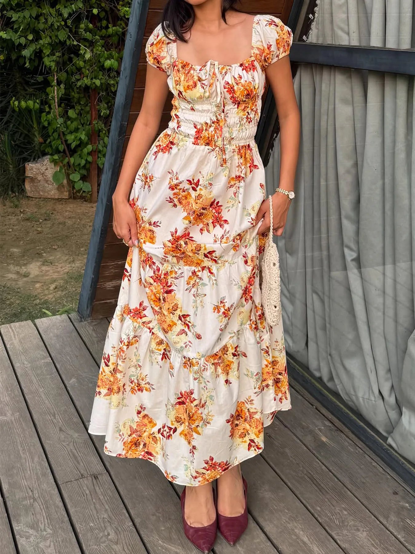 LIZAKOSHT  -  Floral Print Long Dress Women Y2K Square Neck Waist Cinching Spring European American Gentle Pastoral Style Maxi Dress
