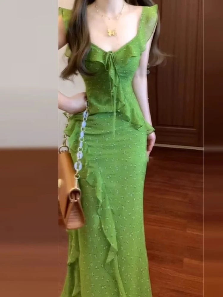LIZAKOSHT  -  French Style Floral Print Backless Fish Tail Long Dress Summer Vacation Casual Loose Fit A-Line Skirt Green Leaf