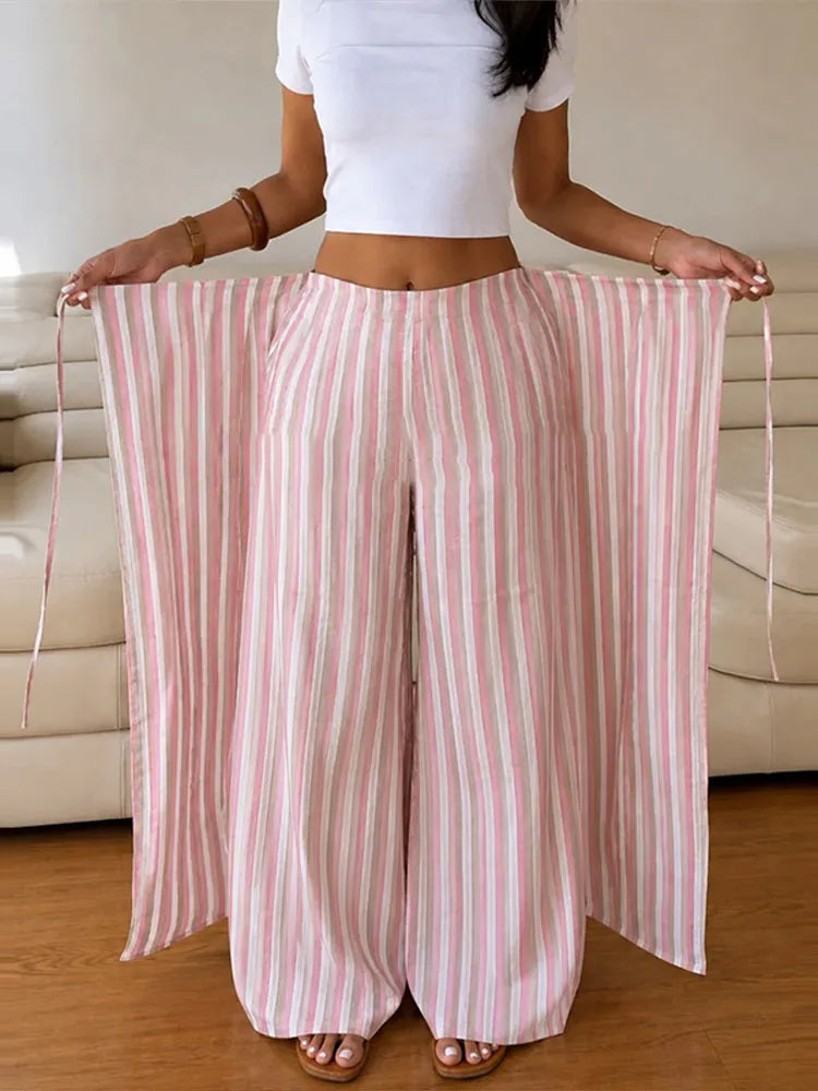 LIZAKOSHT  -  Pants Leg Stripe Women Trousers Adjustable Waist Wrap Loose Summer Floor Length Boho Palazzo Trousers Women Outfit For Women