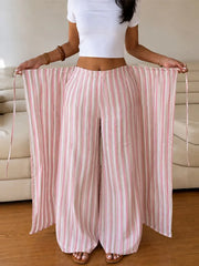 LIZAKOSHT  -  Pants Leg Stripe Women Trousers Adjustable Waist Wrap Loose Summer Floor Length Boho Palazzo Trousers Women Outfit For Women