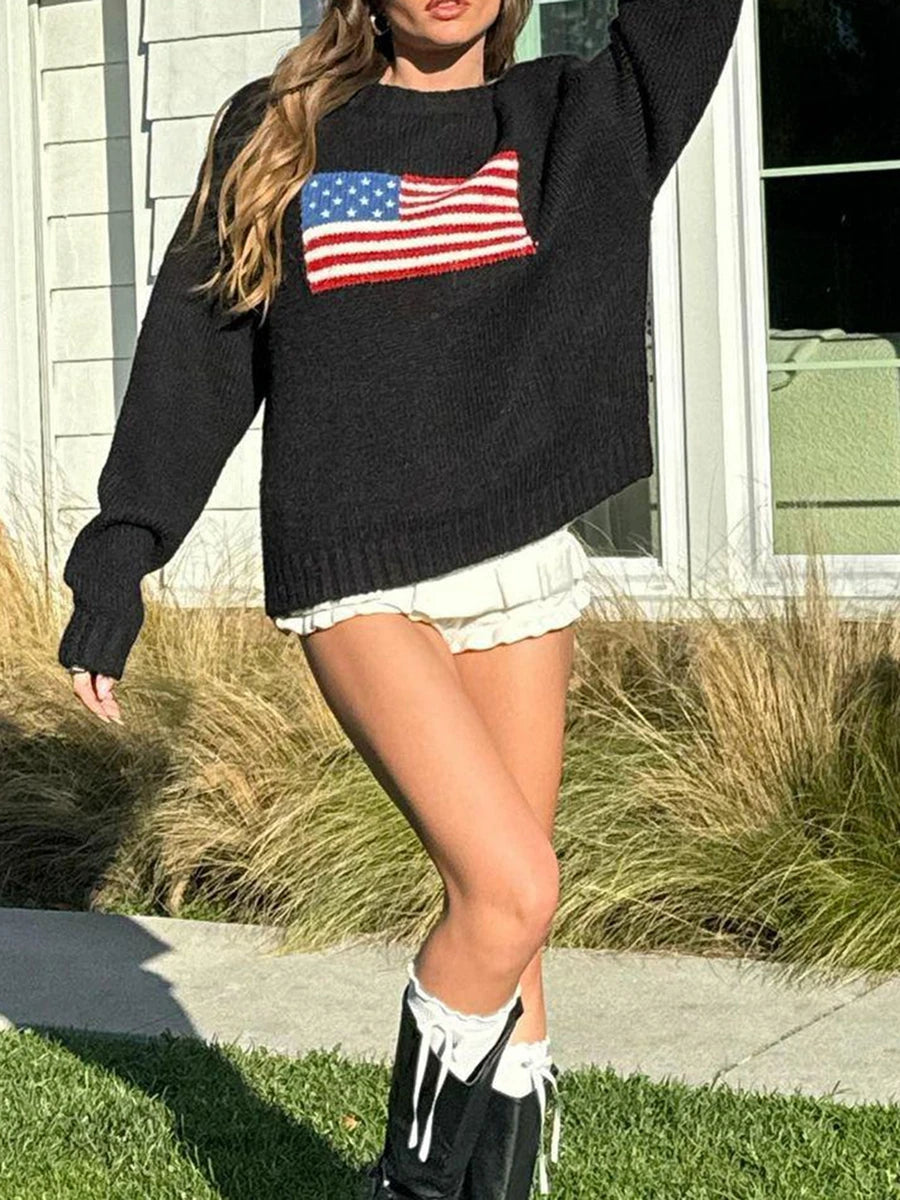LIZAKOSHT  -  Women s Vintage American Flag Print Sweatshirt Long Sleeve Round Neck Loose Pullover Autumn Winter Tops Patriotic Fashion