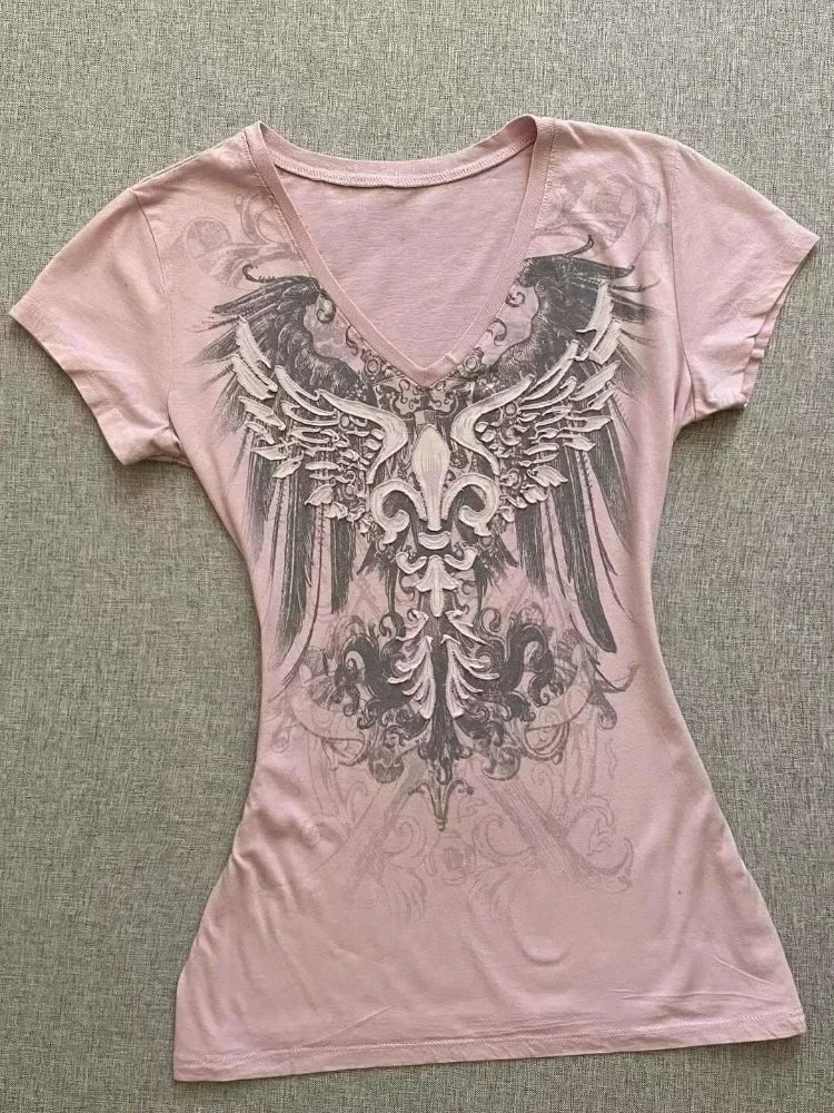 LIZAKOSHT  -  2000s Subculture Vintage Purple Print T-Shirt Women Y2k American Retro Slim Tees Summer 90s Grunge Casual Harajuku Fashion Tops