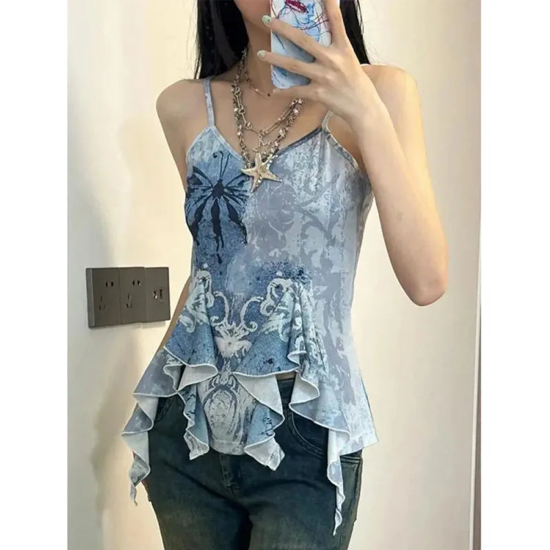 LIZAKOSHT  -  Tie Dye Blue Irregular Y2k Sleeveless Top Ruffles V-neck Sexy Suspender Harajuku Japanese E-Girl Tee Grunge Slim Shirt For Women