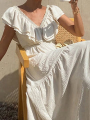 LIZAKOSHT  -  Fashion Double V-neck Solid Color Dress Elegant High Waist Hollow Out Party Dress Summer New Bohemian Style Beach Vacation Dress