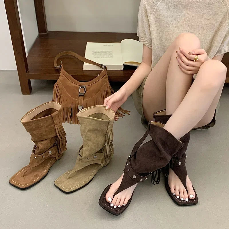 LIZAKOSHT  -  Fashion Vintage Comfortable Low Heels Tassel Rivet Square Clip Toe Women Ankle Boots Sandals Casual Banquet Shoes