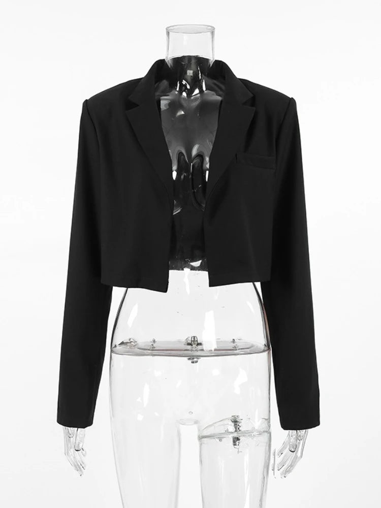 LIZAKOSHT  -  Woman Clothing Solid Black Short Blazers 2025 Autumn Office Lady Long Sleeve Cropped Tops Female Slim Outerwears Coats