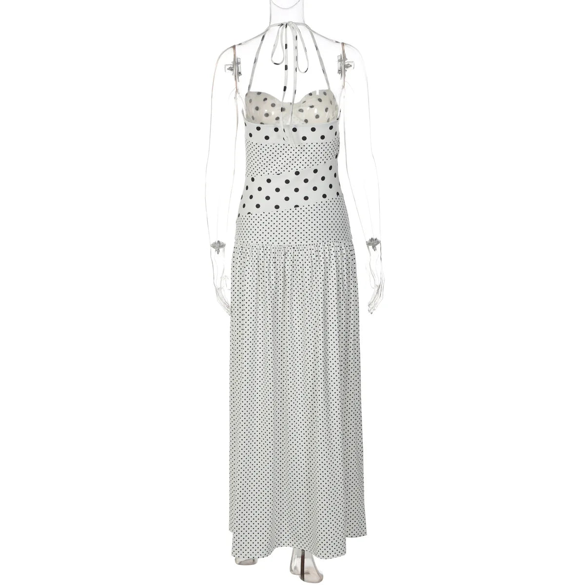 LIZAKOSHT  -  Women Polka Dot Halter Neck Maxi Dress Ruched A Line Vintage Elegant Holiday Beach Vacation Dress Spring Summer Outfit