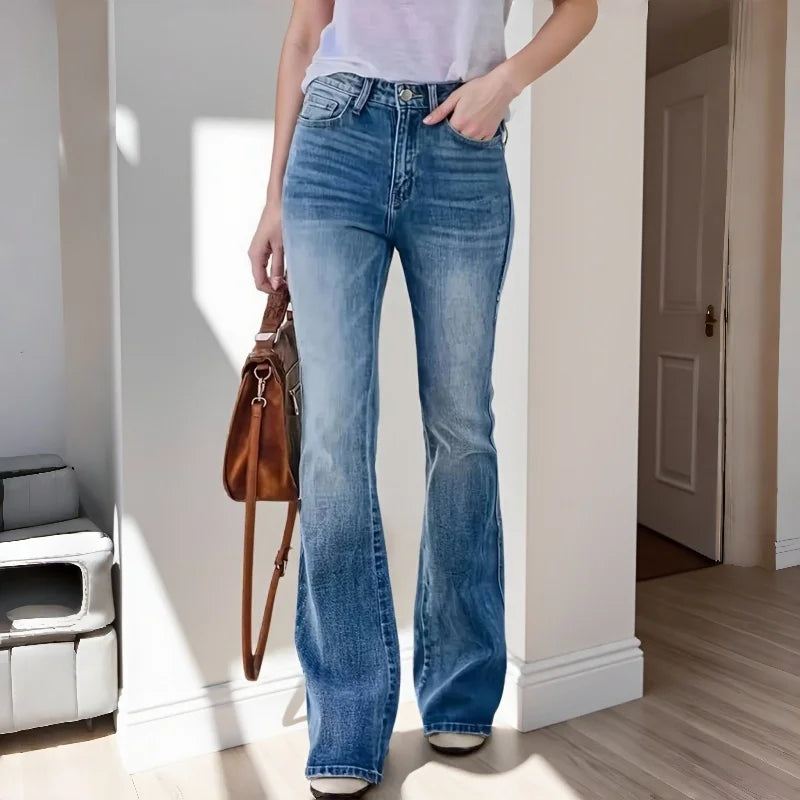 LIZAKOSHT  -  Women's Mid-Rise Stretchy Flare Jeans Retro Slim-Fitting Versatile Office Casual Wear Stretch Denim Pants
