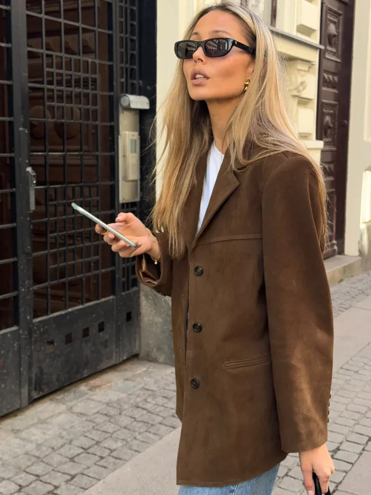 LIZAKOSHT  -  Women Vintage Loose Brown Suede Jacket Fashion Lapel Long Sleeves Single Breasted Coat Spring Autumn Female Street Outerwear