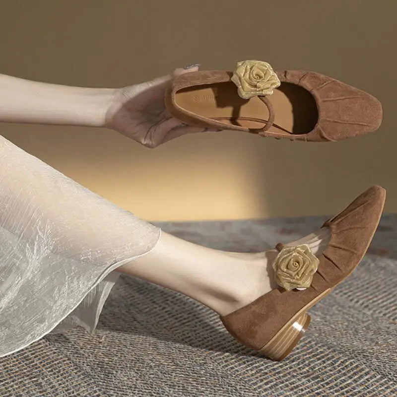 LIZAKOSHT  -  New Spring Retro Suede Mary Jane Low Heel Shoes Women Shallow Square Toe Chinese Style Floral Buckle Pleated Shoes Ladies Pumps