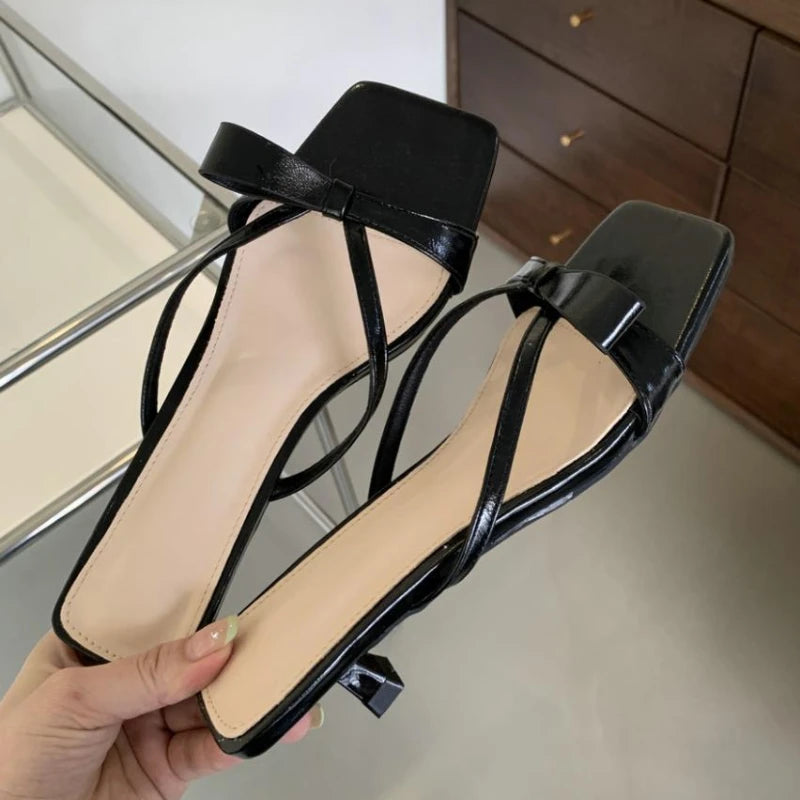 LIZAKOSHT  -  Sweet Narrow Strap Low Heeled Women Slippers Fashion Bowknot Backless Brand Sandals 2025 Elegant Party Designer Beach Shoe Pumps
