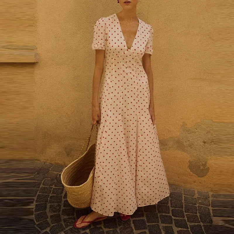 LIZAKOSHT  -  French Style Seaside Vacation Long Dress Elegant Polka Dot Print V-neck Evening Dress Casual Short Sleeve High Waist Swing Dress