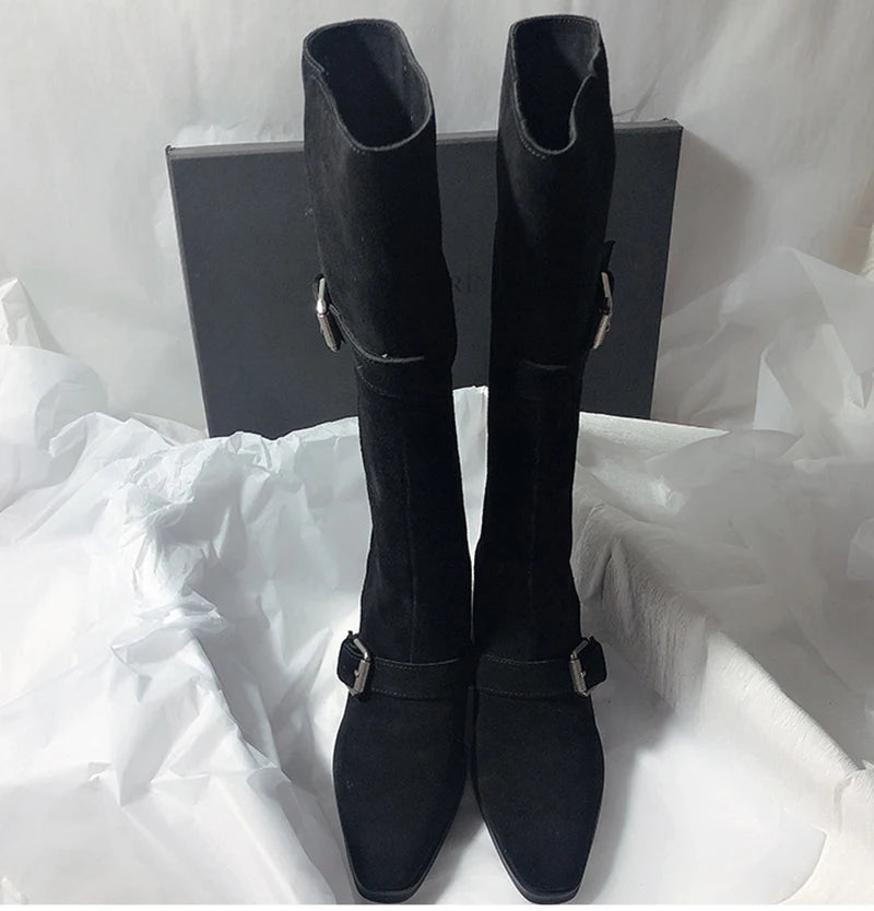 LIZAKOSHT  -  Fashion Vintage Women Western Knee High Boots Fashion Winter Belt Buckle Stripper Party Shoes Zapatos De Mujes