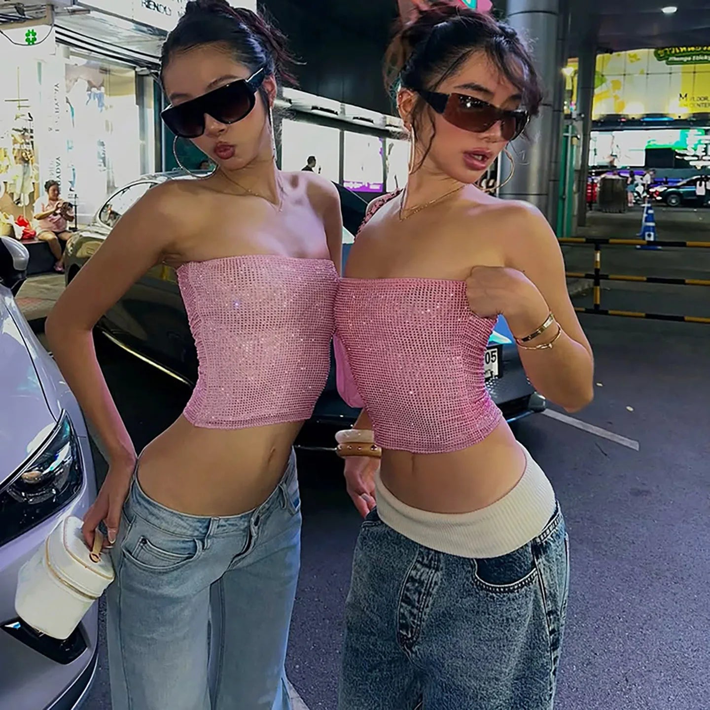 LIZAKOSHT  -  Women Sequin Decal Sleeveless Crop Top With Exposed Navel Elastic Tight And Sexy Spicy Girl Outfit Fashion Party Club Dress Up