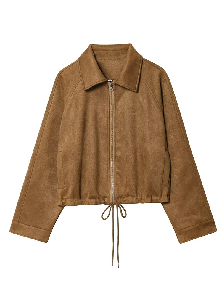 LIZAKOSHT  -  Suede Short Jacket Women Fashion Brown Zipper Long Sleeves Front With Drawstring Hem Pockets Outerwear New Autumn Winter