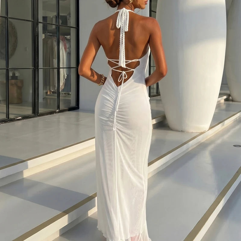 LIZAKOSHT  -  Elegant Sleeveless Embroidery Hollow Long Dress Women Fashion Backless White Party Dresses Sexy Halter Lace-Up Cover-Up Swimsuit