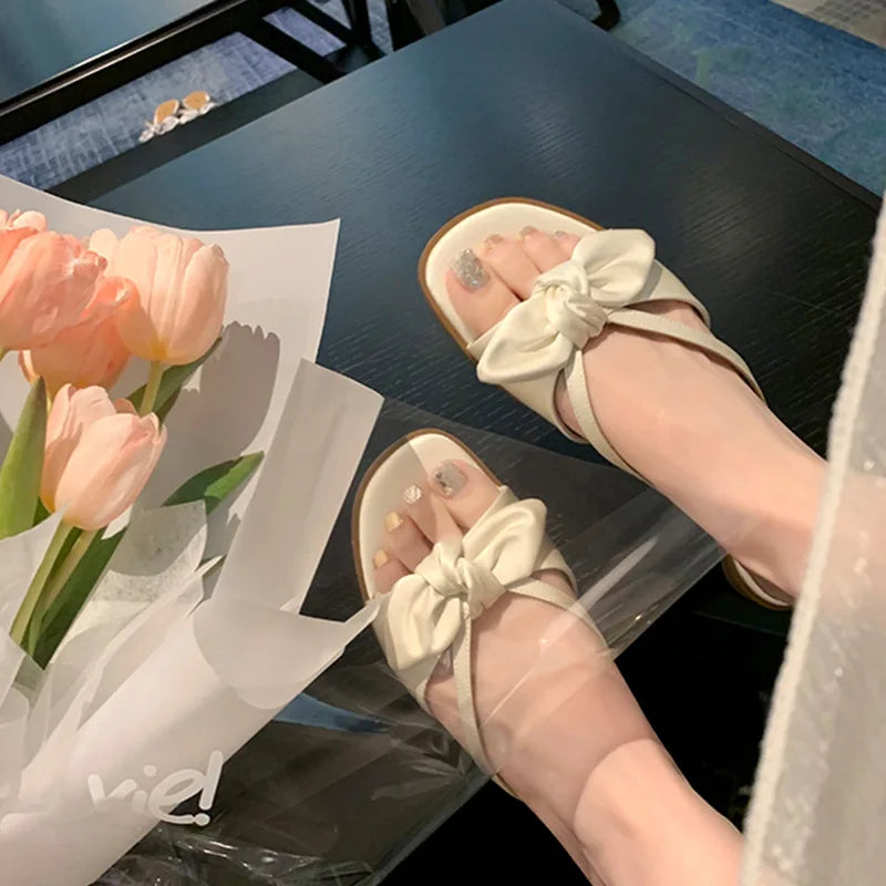 LIZAKOSHT  -  Luxury Silk Slippers Women Butterflyknot Slides Shoes Summer Ladies Low Heels Flat Sandals Femmes Evening Party Flip Flops