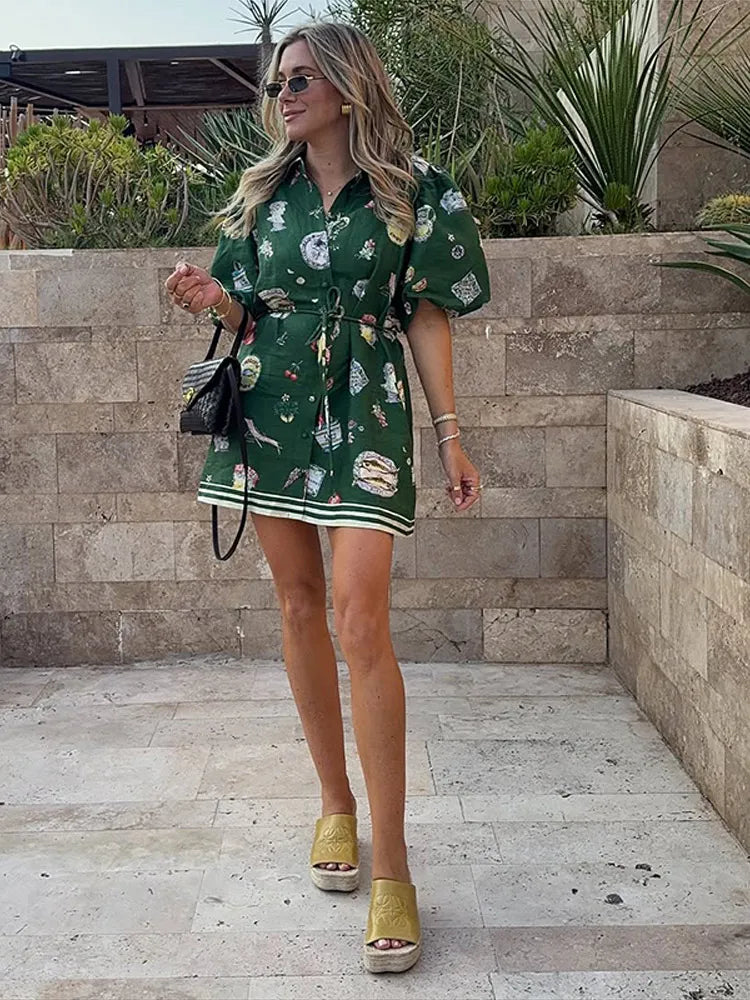 LIZAKOSHT  -  Printed Women's Short Dresses Single Breasted Turn-Down Collar Dress Lace Up Waist Slim Fit Ladies Out Suits High Street Clothes
