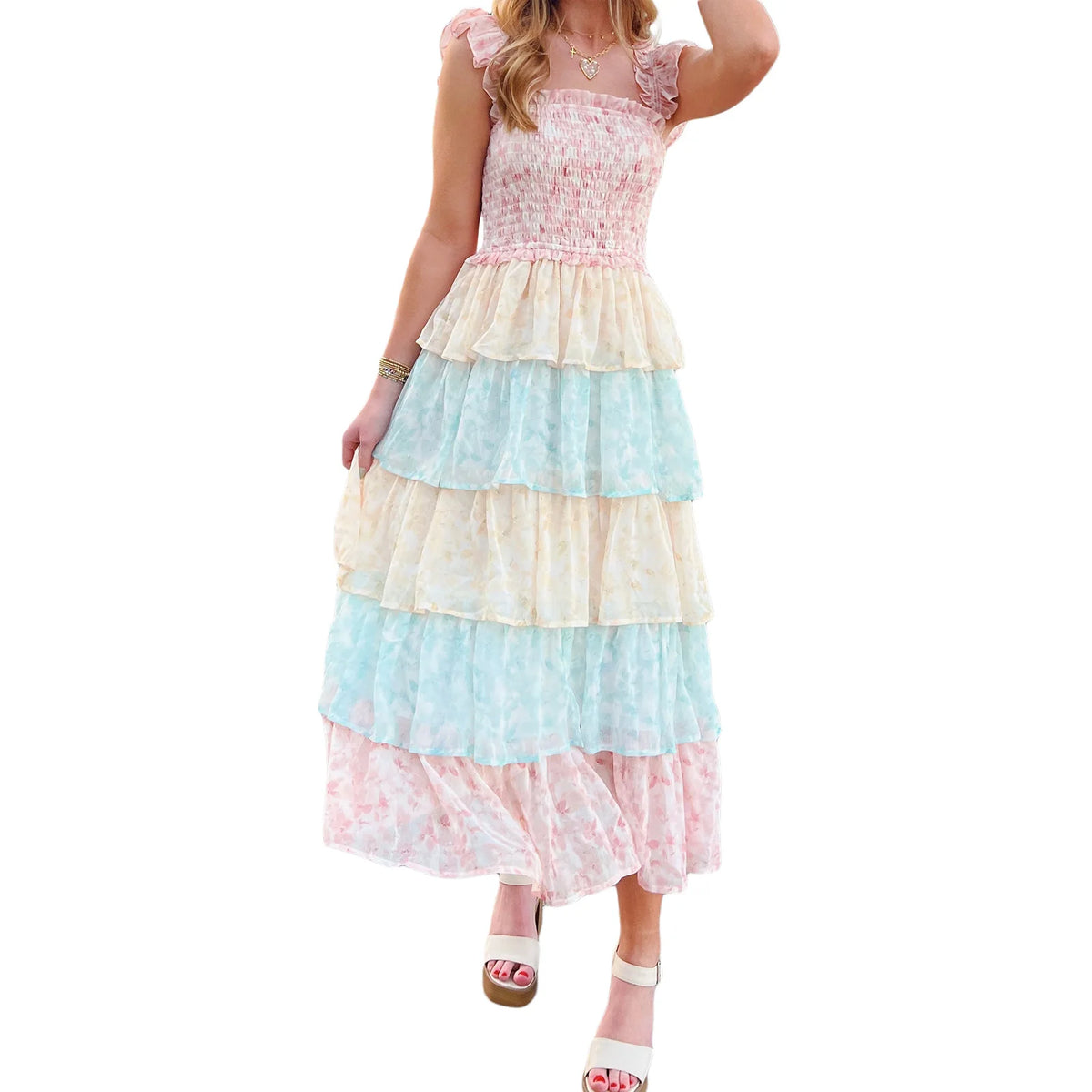 LIZAKOSHT  -  Women s Elegant Floral Print Chiffon Maxi Dress with Spaghetti Straps and A-Line Silhouette for Summer Beach Wedding Party
