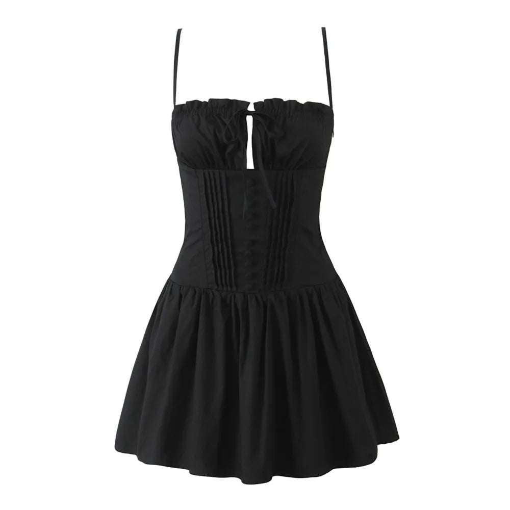 LIZAKOSHT  -  Summer Women Pink Bow Ruched Chest Corset Style Sling Dress Front Buttons Pleated Low Waist Ball Gown Swing Short Dresses Robe