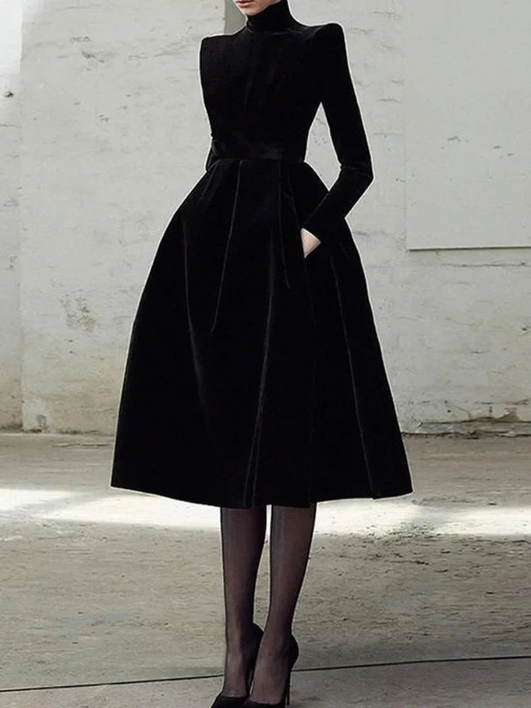LIZAKOSHT  -  Womens Evening Dresses High Neck Midi Dress New Black Long Sleeves Elegant Party Dress for Female Casual Gathering