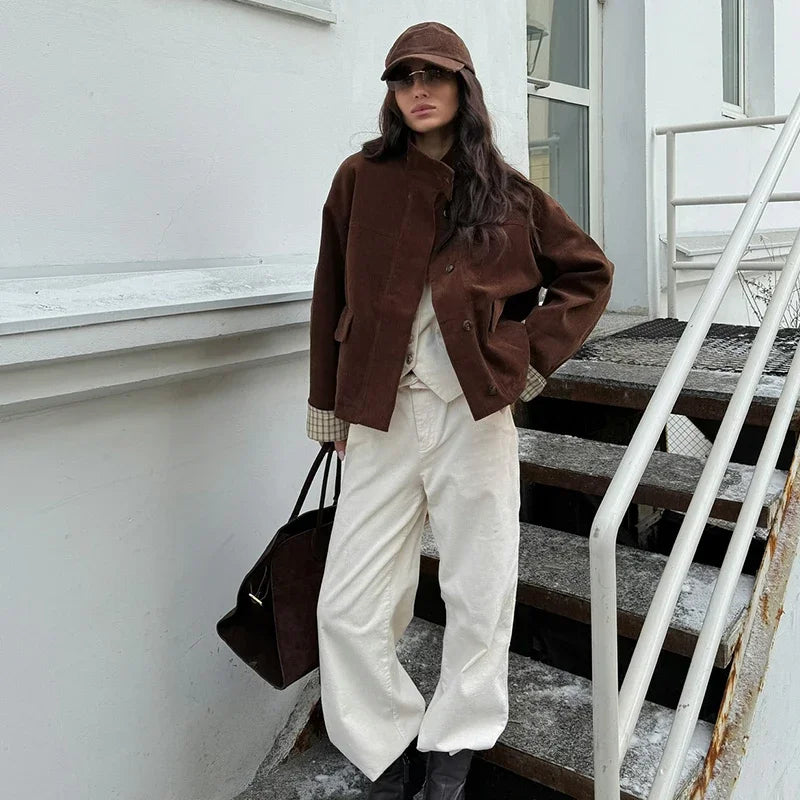 LIZAKOSHT  -  Autumn Chic Plaids Linen Solid Corduroy Coats Elegant Female Stand Collar Zipper Long Sleeves Jacket Fashion Lady Street Outwear