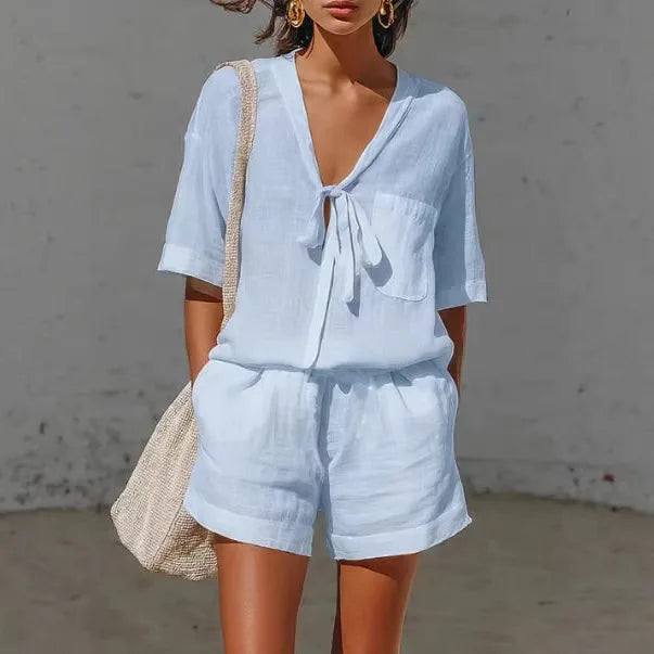 LIZAKOSHT  -  Women's 2 Piece Beach Shorts Outfits Summer Casual Loose Short Sleeve V Neck Tie Up Tops Wide Leg Shorts Sets Comfy lounge Sets
