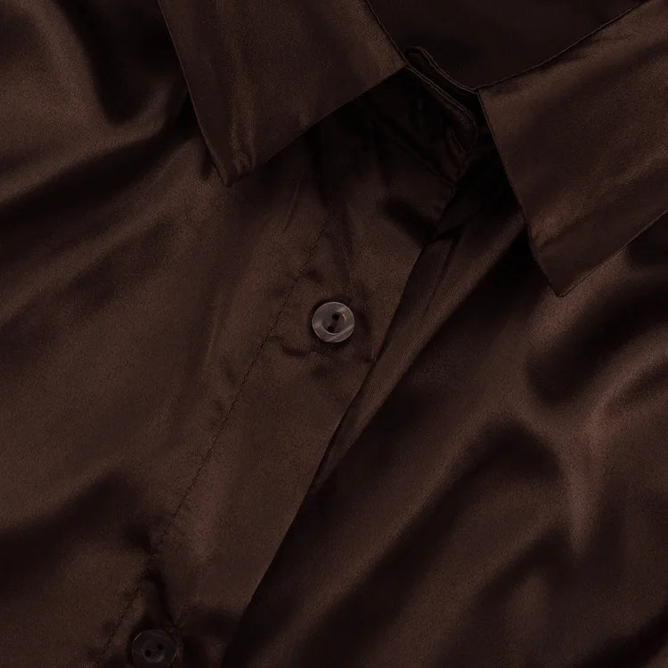LIZAKOSHT  -  Retro Brown Shirt For Women 2025 New Summer Casual Solid Loose Single Breasted Blouse Simple Turn-down Collar Long Sleeve Shirts