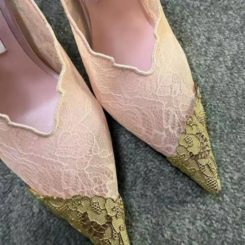 LIZAKOSHT  -  Summer New Lace Embroidered Net Head Cover Sandals Women's Thin Heel Pointed Toe Sexy Color Block Shoes Silk Velvet Slip-On