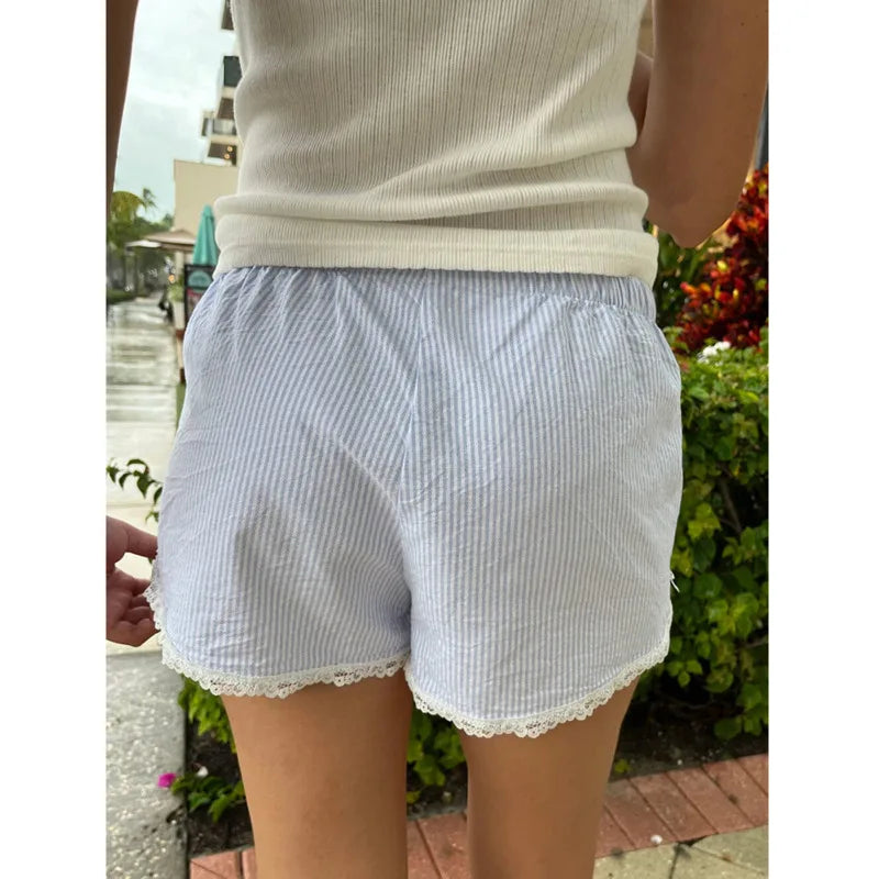 LIZAKOSHT  -  Y2k Lace Bowknot Blue Shorts Stripes Patchwork Buttons Decor Short Pants Casual Elastic Waist Shorts Loose Sleep Short For Women