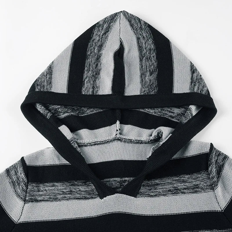 LIZAKOSHT  -  Aesthetic Striped Knitted Hooded Sweaterwith Pockets Autumn Casual Long Sleeve Pullovers Tops 90s Cyber Grunge Vintage Jumpers