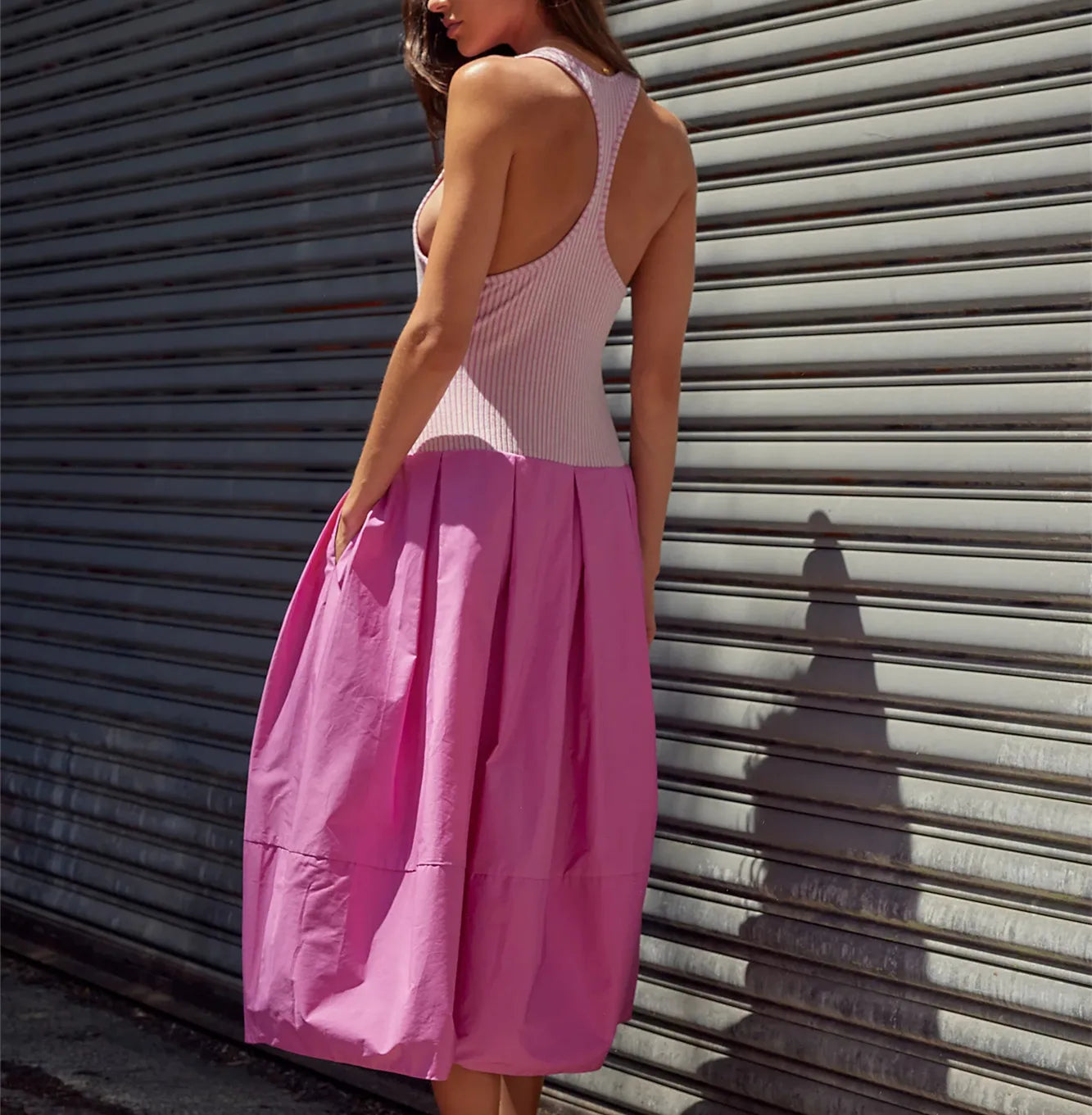 LIZAKOSHT  -  Women Drop Waist Midi Dress Summer Sleeveless Patchwork Tank Dress Y2k Bubble Hem A Line Maxi Dress with Pockets