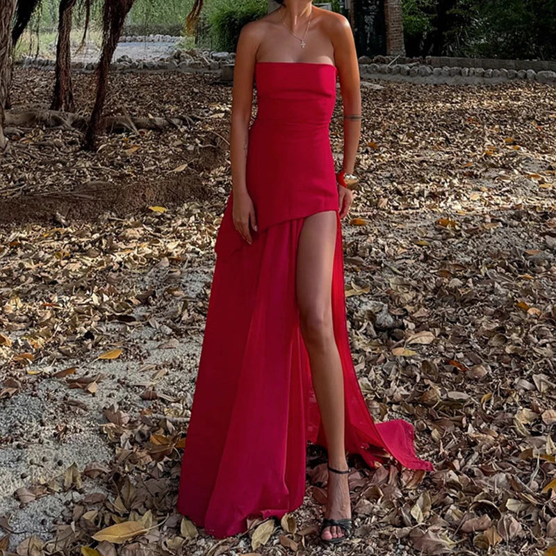 LIZAKOSHT  -  Casual Mesh Patchwork Women's Long Dress Fashion Strapless Split Banquet Dress Spring Summer Elegant Solid Holiday Dresses