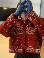 LIZAKOSHT  -  Snowflake Knitted Sweater Women Japanese Vintage Harajuku Short Cardigan Female Autumn Winter Casual Long Sleeve Zipper Knitwear