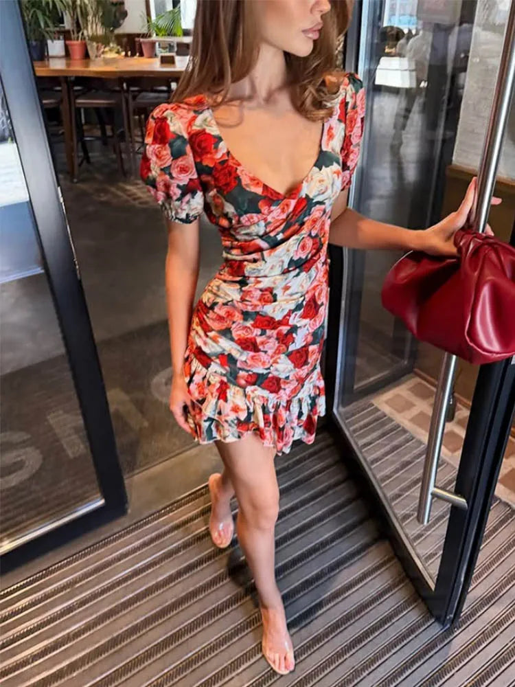 LIZAKOSHT  -  Holiday Print Women Mini Dresses Fashion Casual Deep V-Neck Short Sleeves Vestidos Summer Female Sexy Club Party Outfits Bodycon