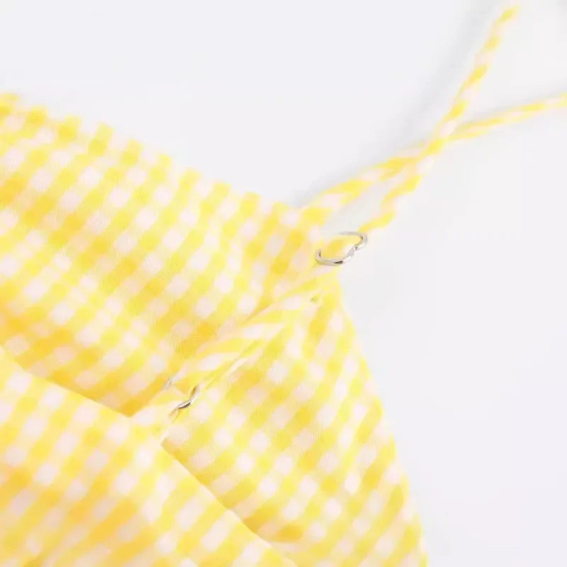 LIZAKOSHT  -  New Fashion Vintage Beach Mini Dress for Women 2024 Summer Holiday Women Casual Small Plaid Bow Yellow Dress Elegant Vestidos