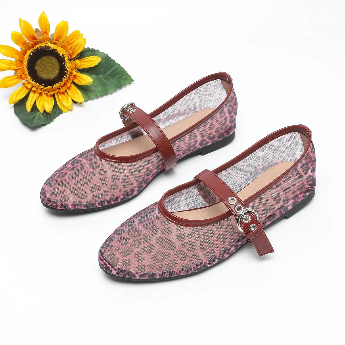 LIZAKOSHT  -  Leopard Mesh Round Toe Flat Ballet Shoes Brand Designer Sandals Women Breathable Soft Sole Comfy Fashion Mary Jane Shoes Female