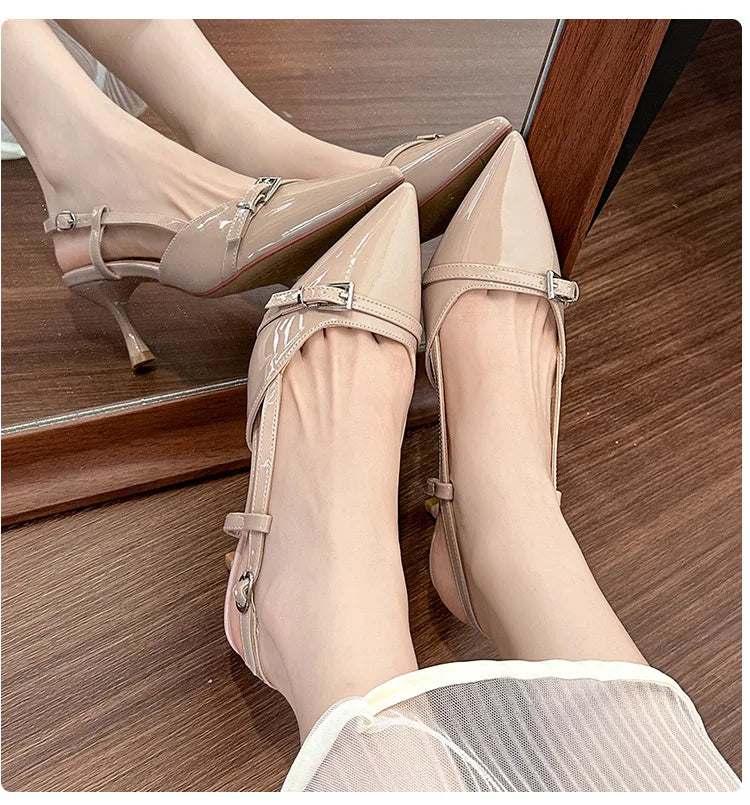 LIZAKOSHT  -  pointed toe japanned leather women sandals metal buckle slingback high heels summer shoes woman cutout sandalias de tacón