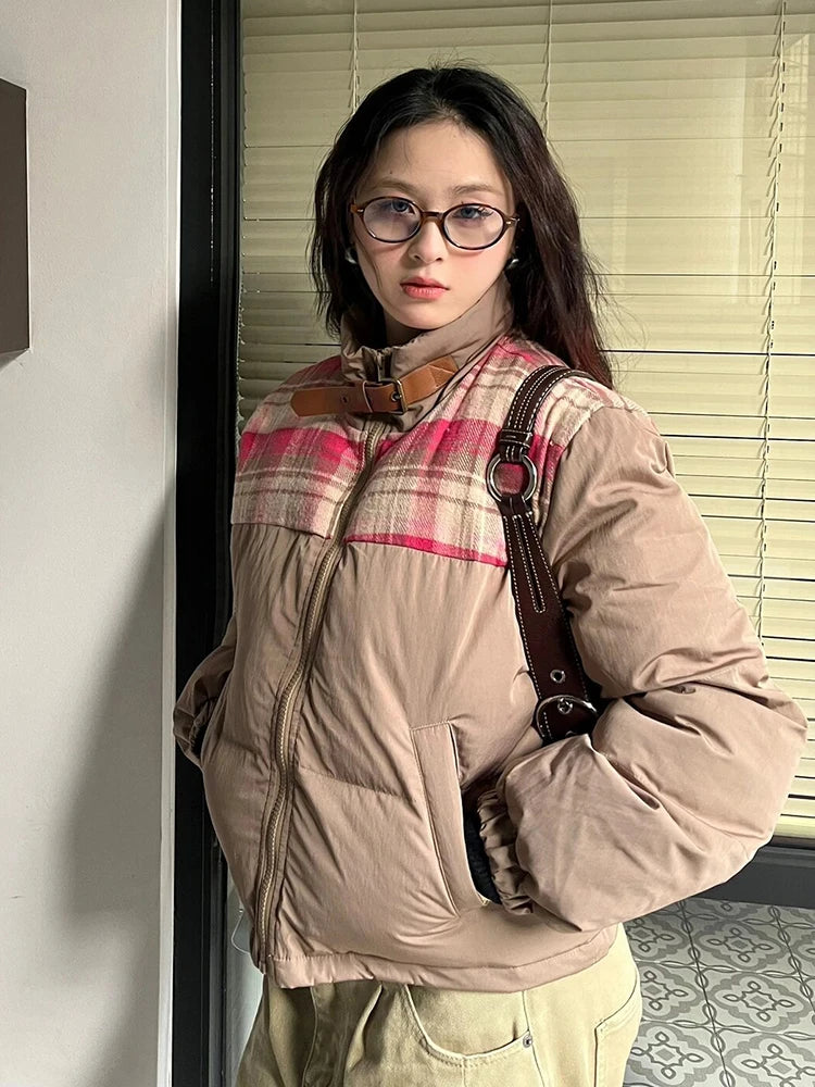 LIZAKOSHT  -  Women's Plaid Parka Jacket Harajuku Overcoat Warm Long Sleeve Coat Korean Turtleneck Padded Jacket Vintage Winter 2000s Clothes