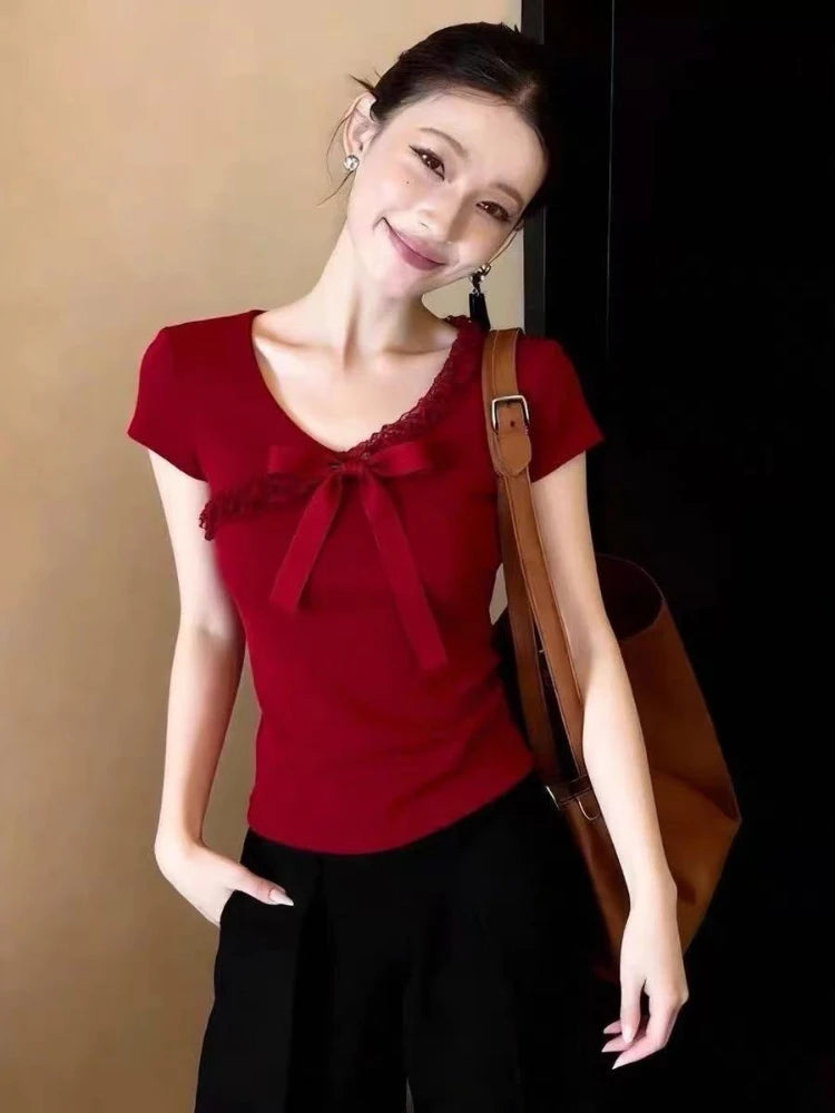 LIZAKOSHT  -  New Year Red Sweet Outfit Lace Korean-Style Elegant Bow Short-Sleeve T-Shirt Women New Casual Slim Fit Waist Tops Spring