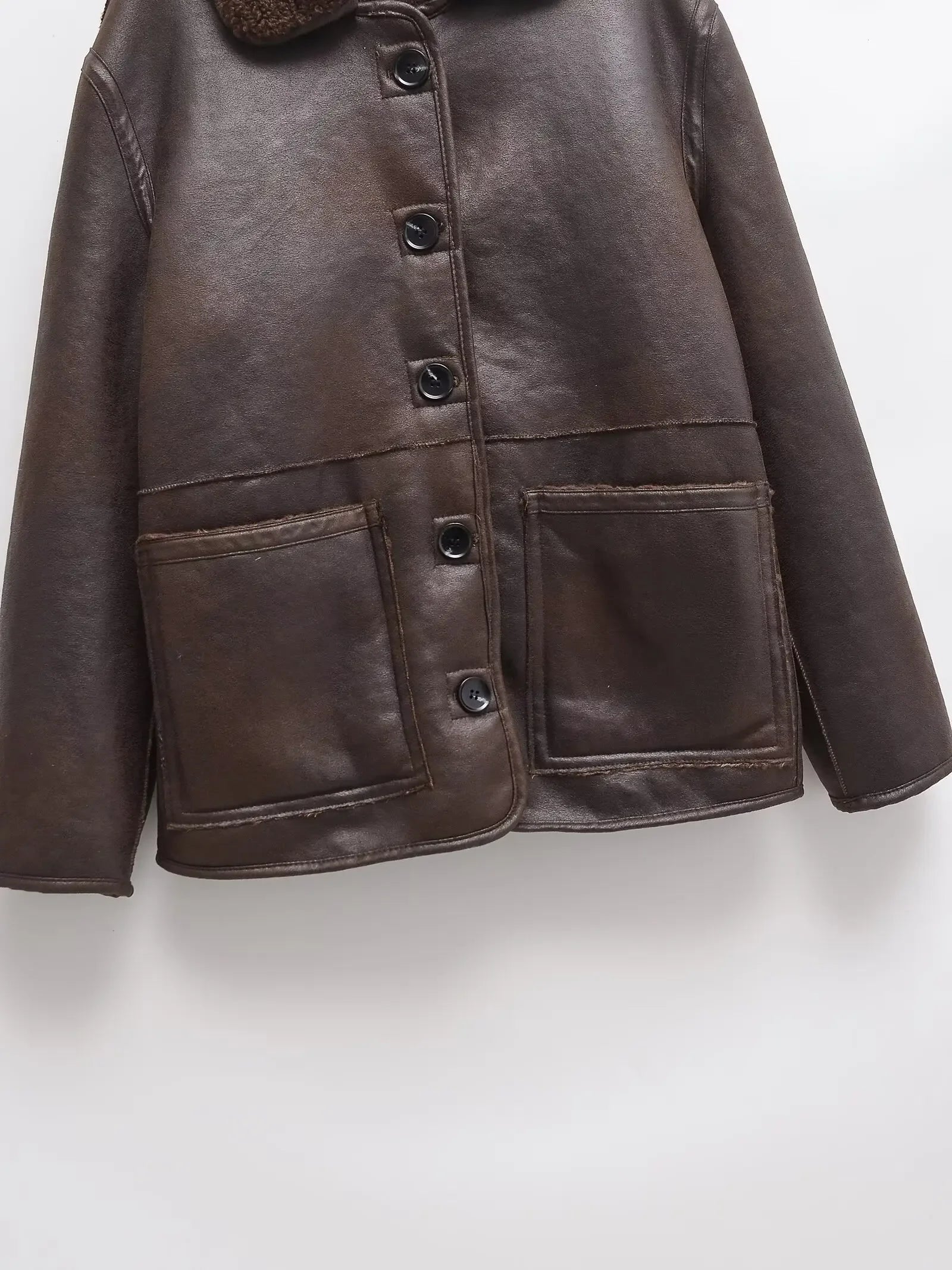 LIZAKOSHT  -  Casual Lamb Wool Splicing Leather Jacket Women Lapel Single Breasted Loose Pocket Thickened Coat Lady Winter Daily Commute Coats