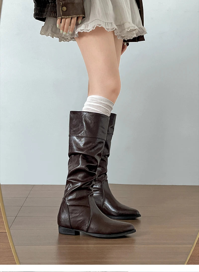 LIZAKOSHT  -  Cosy Soft Leather Women Knee High Boots Fashion Slip On Knight Long Booties Winter Internal Elevation Shoes Zapatos De Mujer