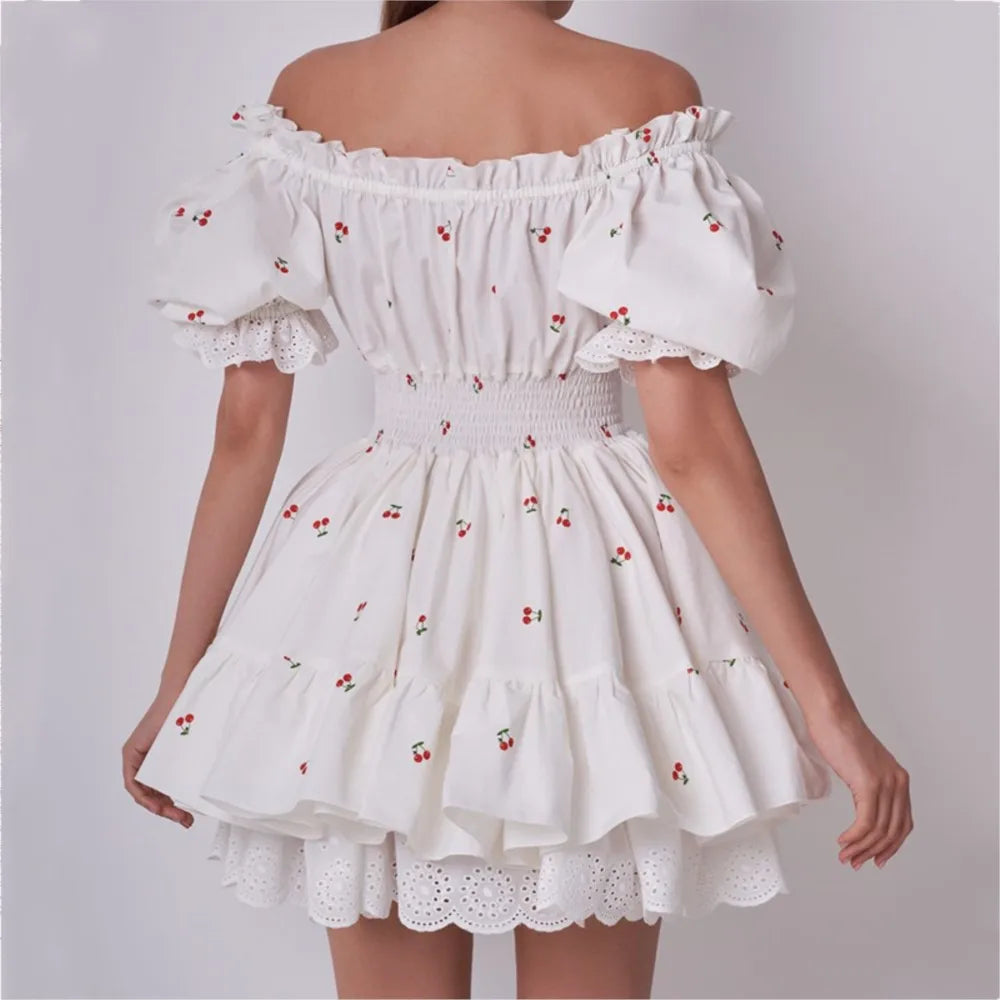 LIZAKOSHT  -  Princess Yellow Cherry Print Spliced Lace Corset Style Mini Dress Women Puff Sleeve Slim Waist Ruffle Hem Cake Party Robe