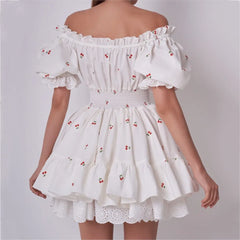 LIZAKOSHT  -  Princess Yellow Cherry Print Spliced Lace Corset Style Mini Dress Women Puff Sleeve Slim Waist Ruffle Hem Cake Party Robe